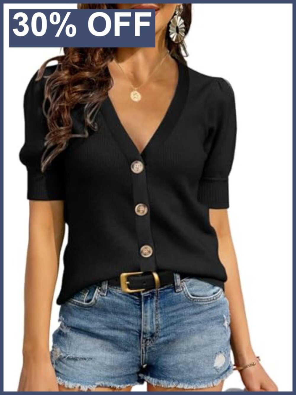 Womens Puff Short Sleeve Ribbed Knit Sweater Button Down Cardigan Pullover Top